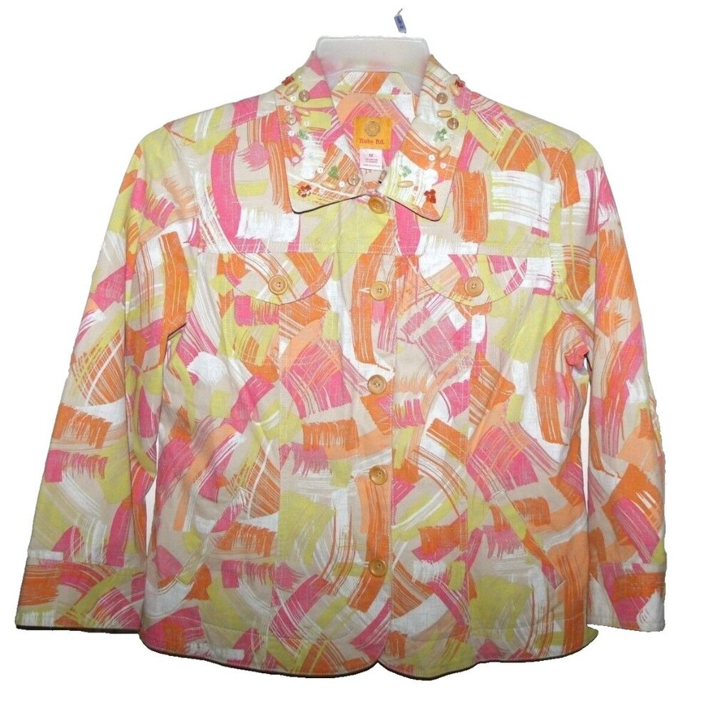Ruby Rd Womens Beaded Collar Abstract‎ Print Button Front Jacket Orange Pink 12